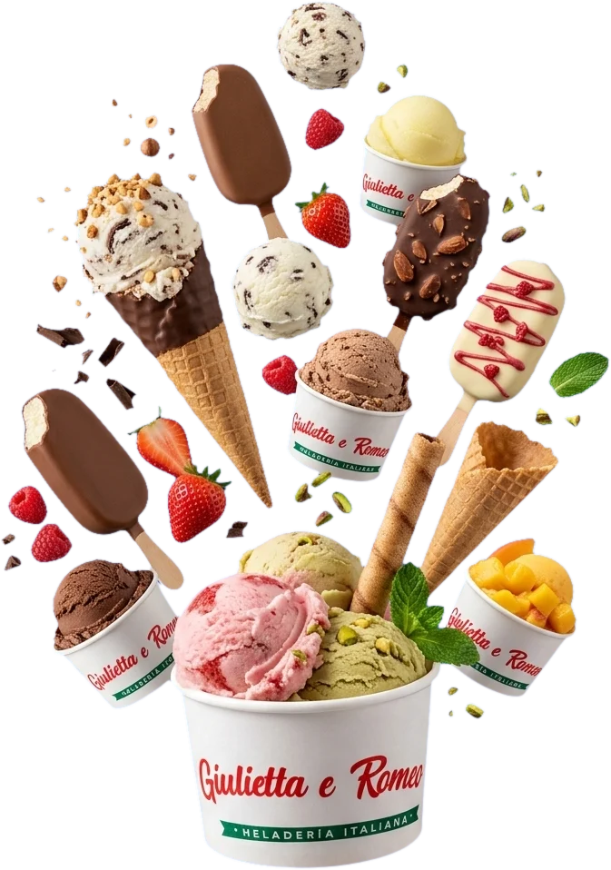 Gelato de Giulietta e Romeo: vasos, conos y paletas